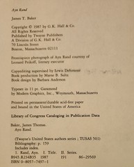 Baker, James T.: Ayn Rand (Twayne’s United States Authors Series) 1st Edition HC